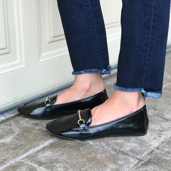 Black Patent Penny Loafers w Gold Bar Accent - Picture 4 of 8